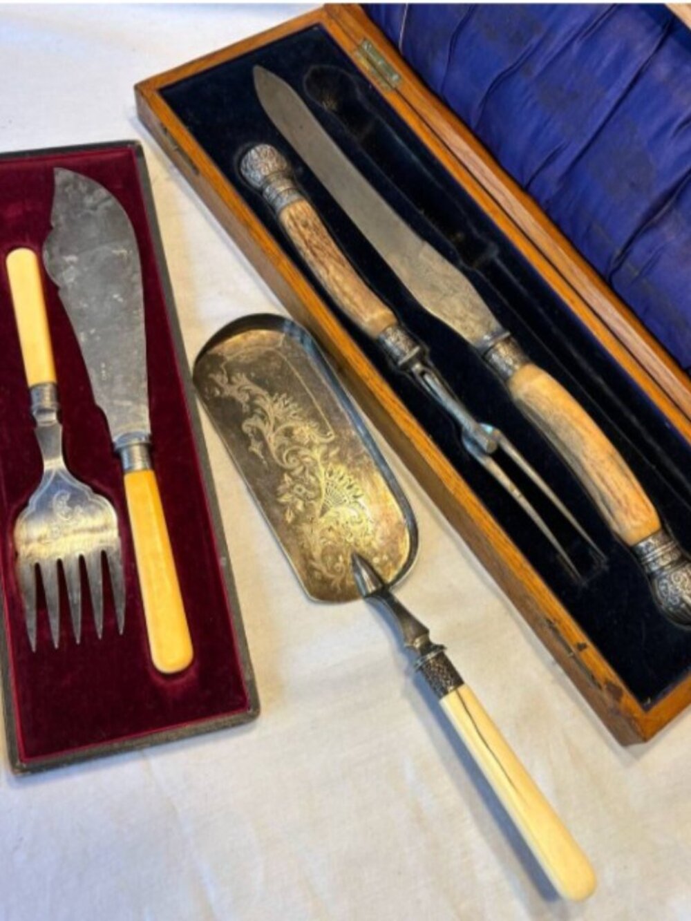 Lot of 3 Antique Victorian Silver Plate Serving Sets Cased Cutlery & Crumb Scoop